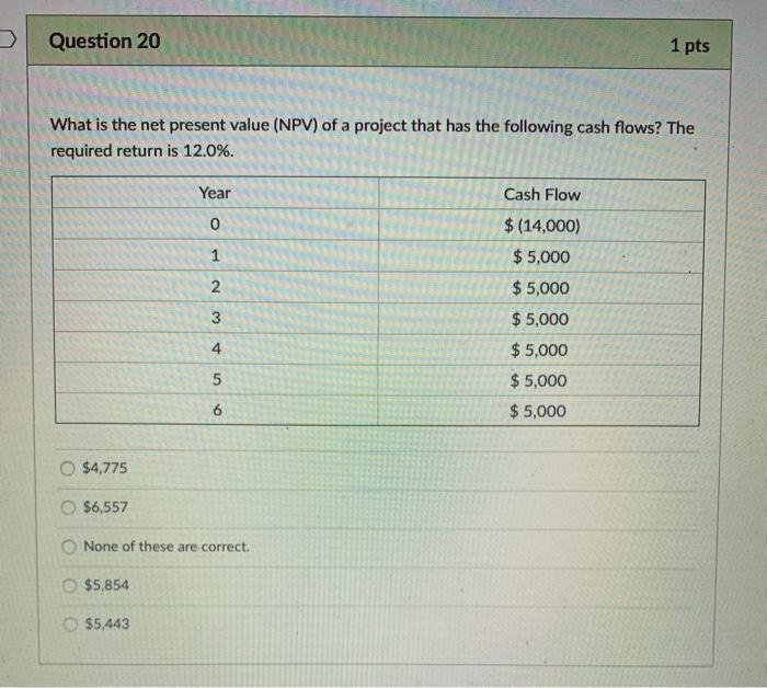  Question 20 1 pts What is the net present value (NPV)