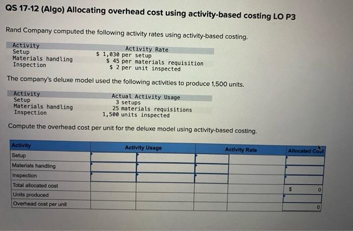  QS 17-12 (Algo) Allocating overhead cost using activity-based costing LO P3