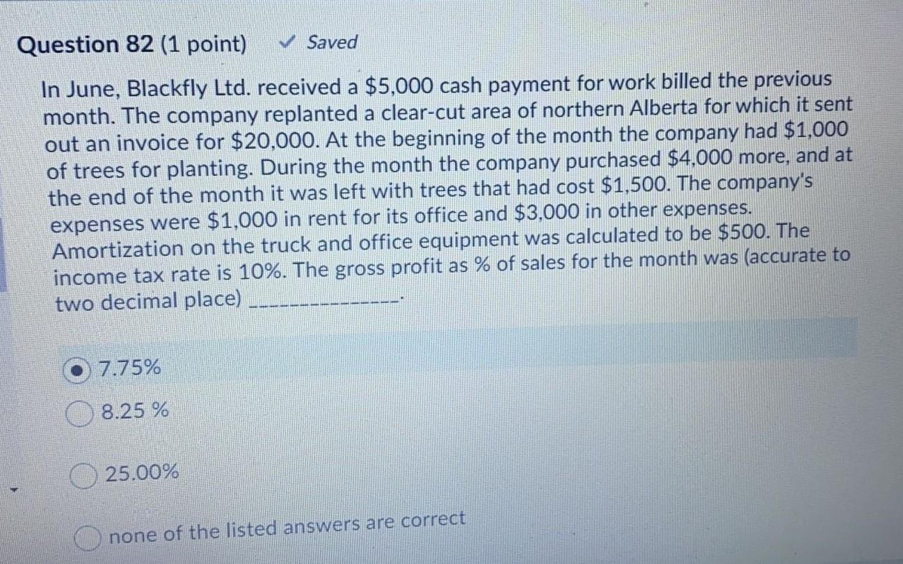 Question 82 (1 point) Saved In June, Blackfly Ltd. received a