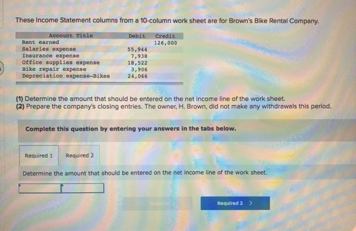  These Income Statement columns from a 10-column work sheet are for