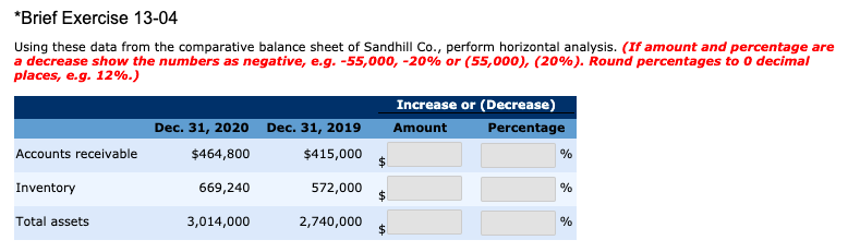  *Brief Exercise 13-04 Using these data from the comparative balance sheet