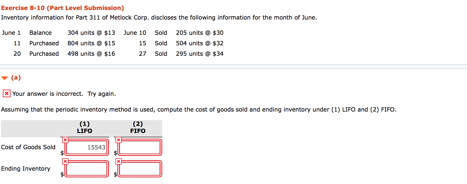 Exercise 8-10 (Part Level Submission) Inventory information for Part 311 of