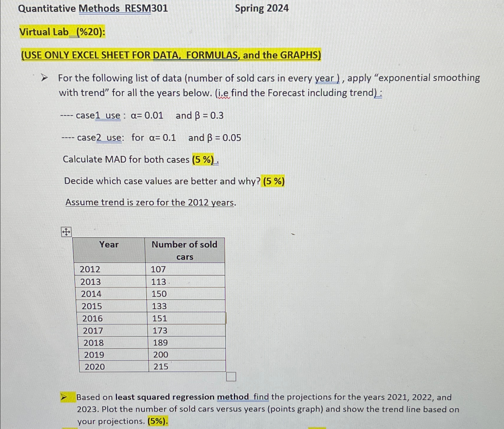  Quantitative Methods RESM301 Spring 2024 Virtual Lab (%20): (USE ONLY EXCEL