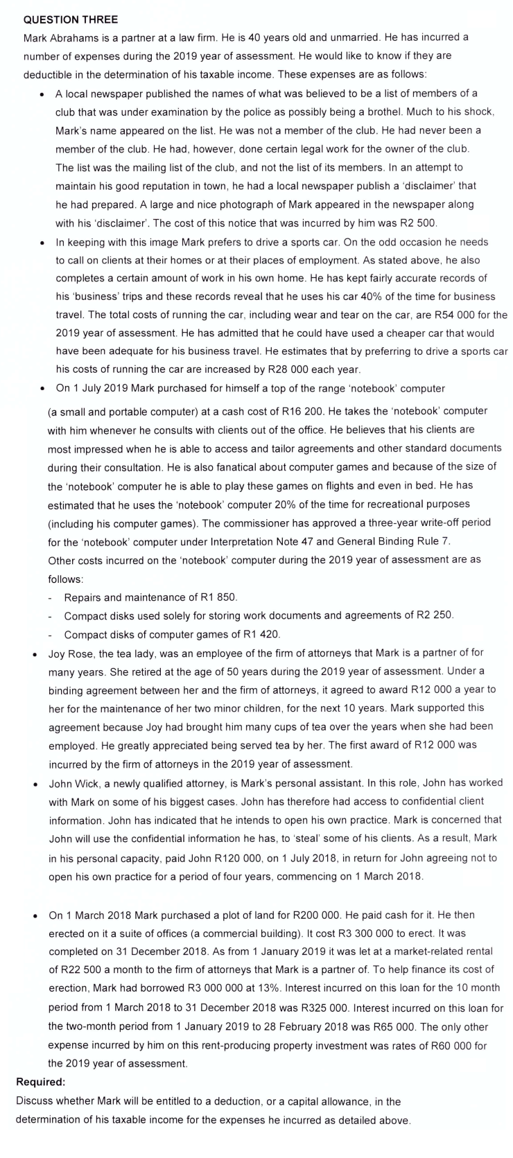 QUESTION THREE Mark Abrahams is a partner at a law firm.