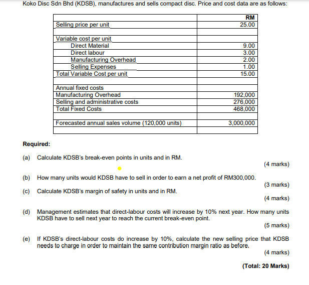Type or paste question here Koko Disc Sdn Bhd (KDSB), manufactures and