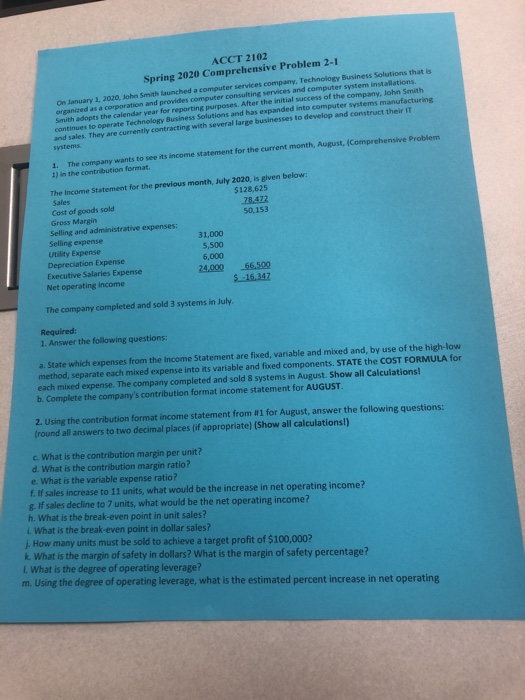  ACCT 2102 Spring 2020 Comprehensive Problem 2-1 On anuary 1, 2000.