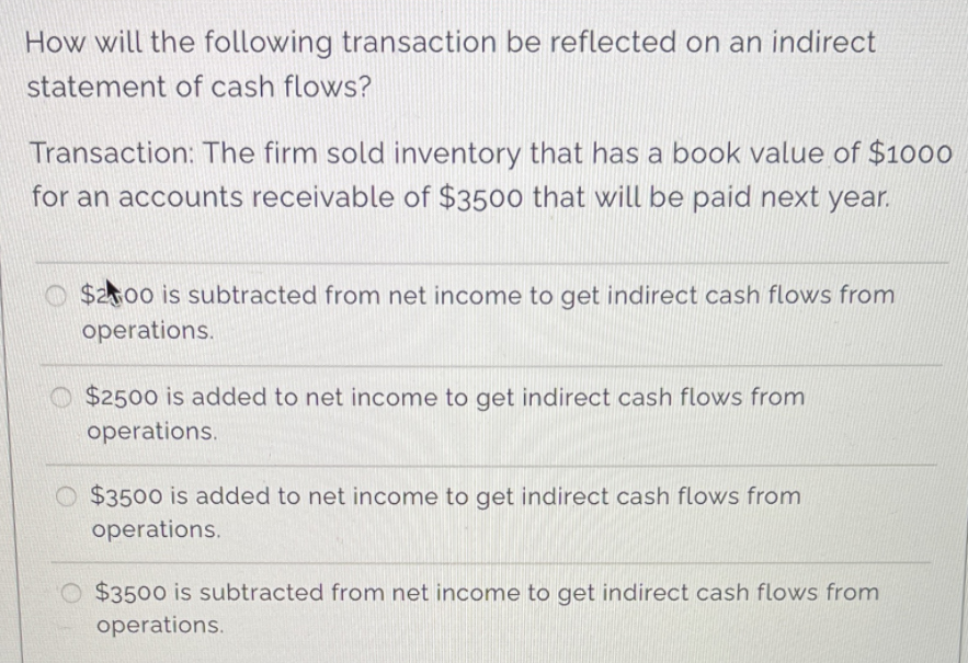  How will the following transaction be reflected on an indirect statement