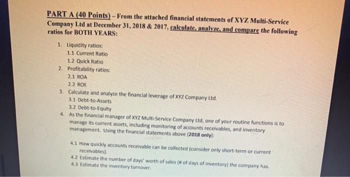  PART A (40 Points) - From the attached financial statements of