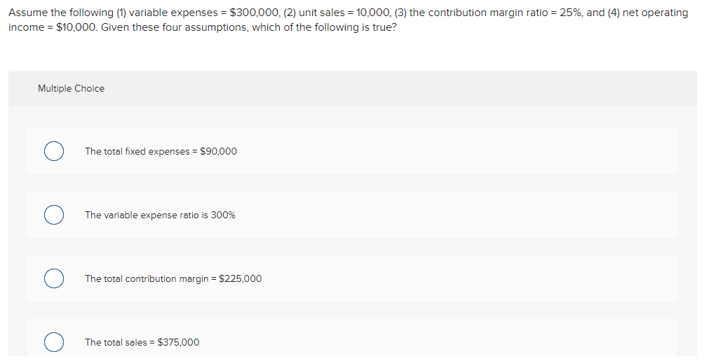  Assume the following (1) variable expenses = $300,000, (2) unit sales