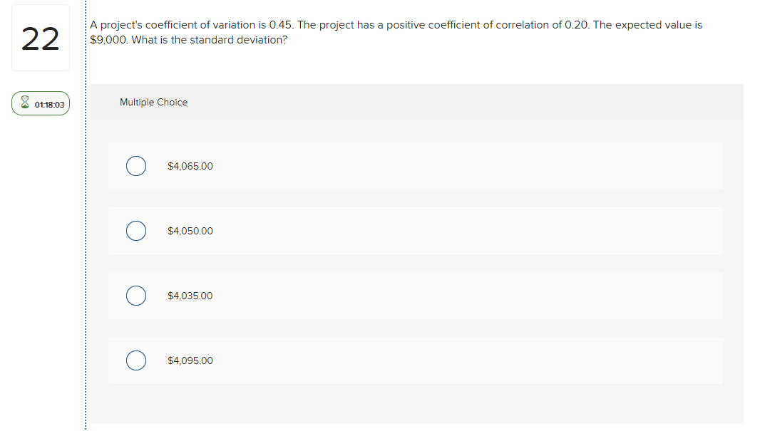  22 A project's coefficient of variation is 0.45. The project has