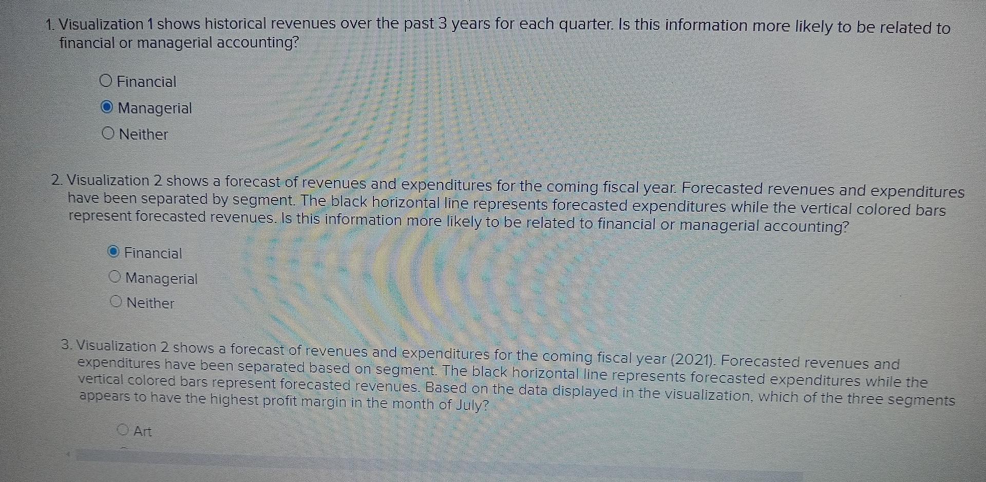 them will often be quite different. Financial accounting visualizations tend to focus