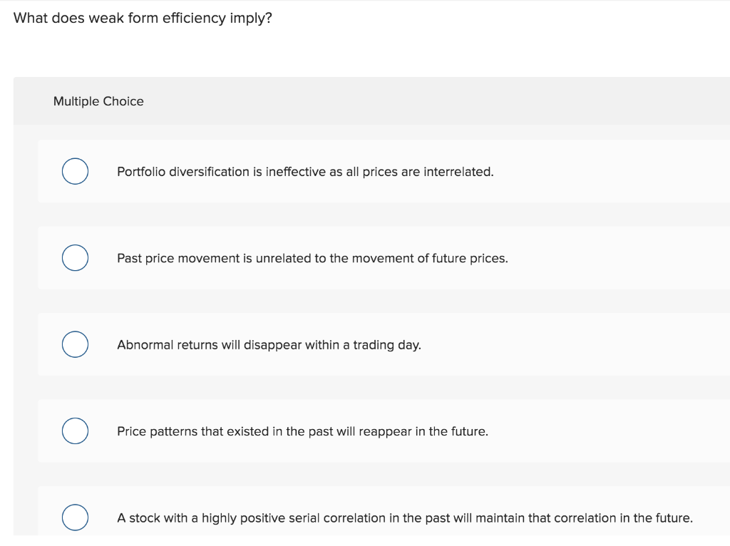 What does weak form efficiency imply? Multiple Choice 0 Portfolio diversification