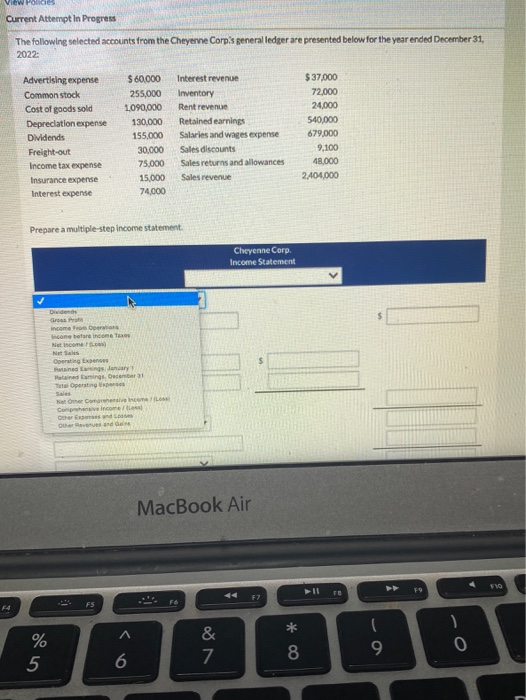 Current Attempt in Progress The following selected accounts from the Cheyenne Corp's