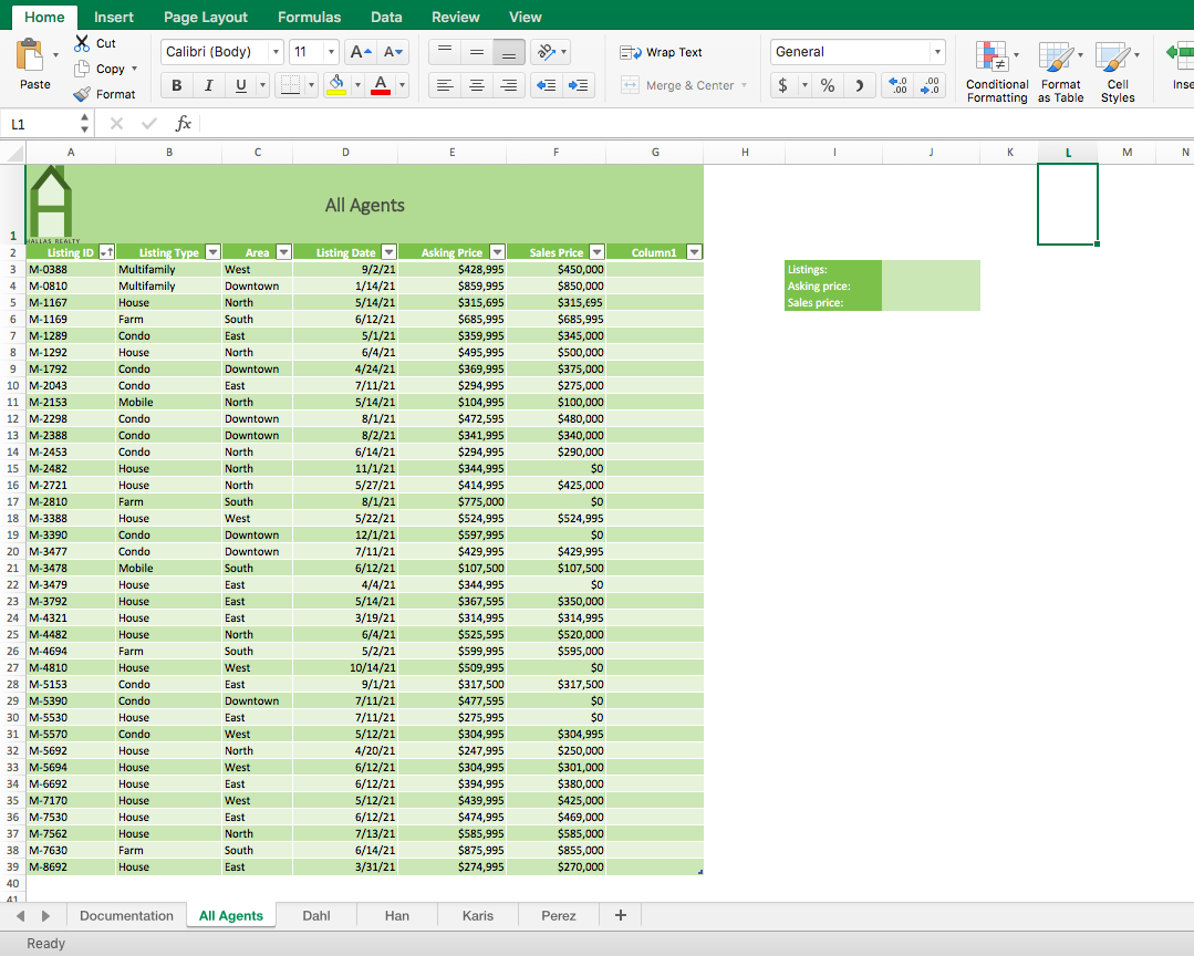 the listings of his four agents in an Excel workbook, and asks