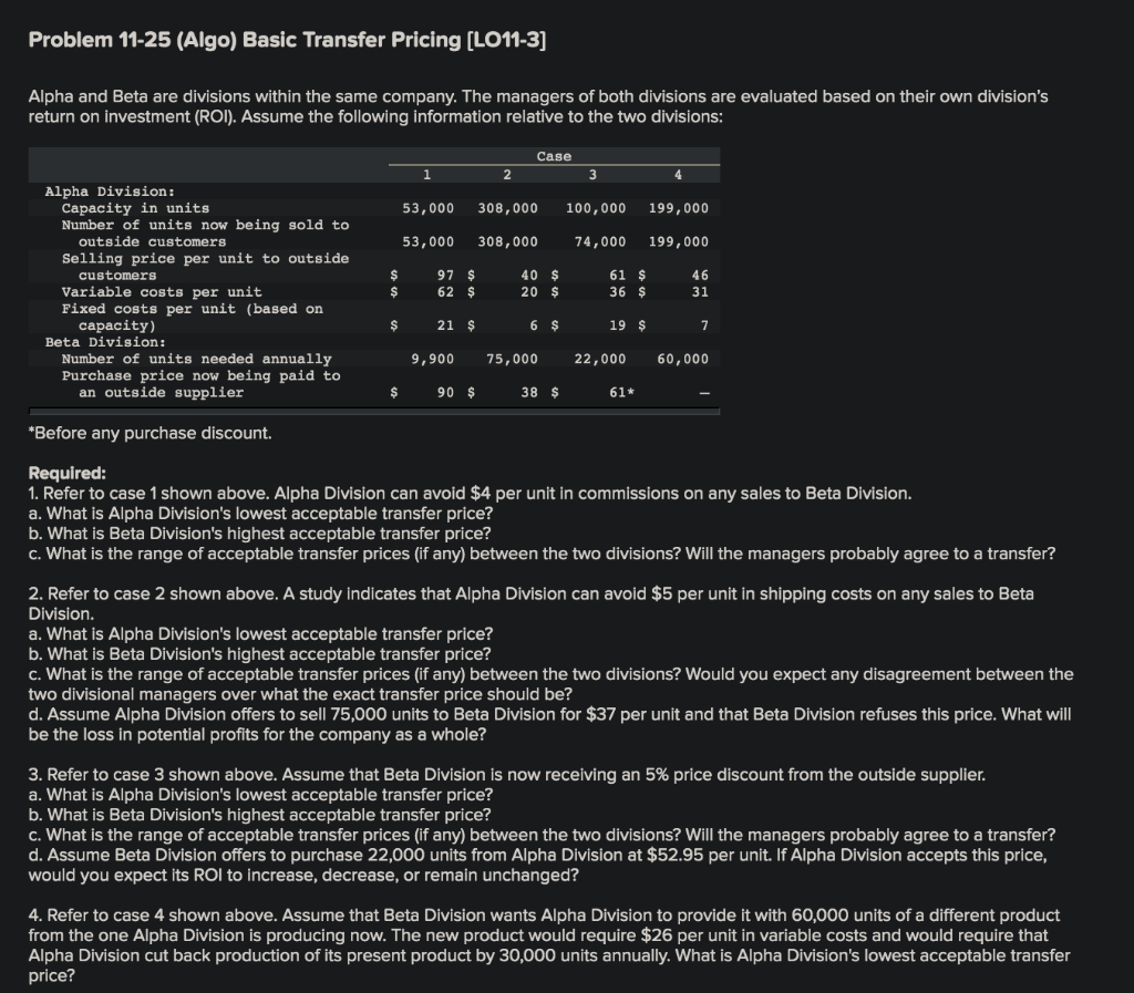  Problem 11-25 (Algo) Basic Transfer Pricing (LO11-3] Alpha and Beta are