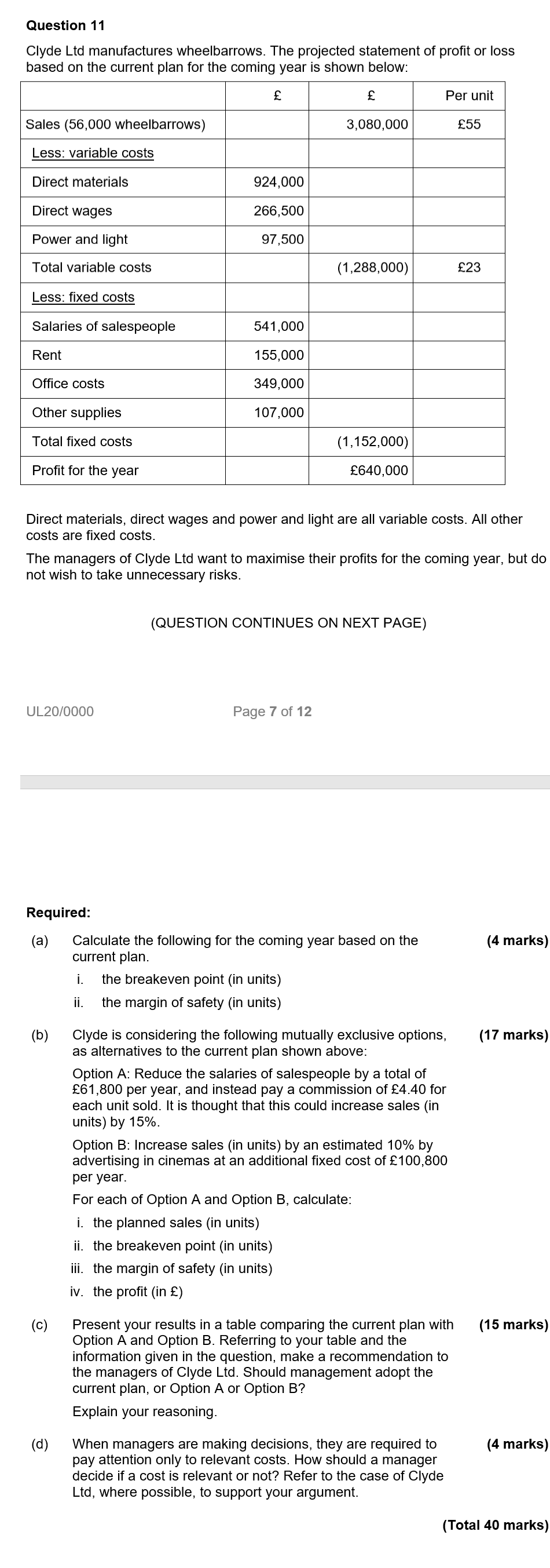  Question 11 Clyde Ltd manufactures wheelbarrows. The projected statement of profit