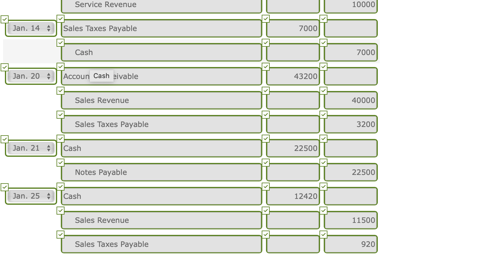 Payable Unearned Service Revenue $50,100 7,000 15,500 During January, the following selected
