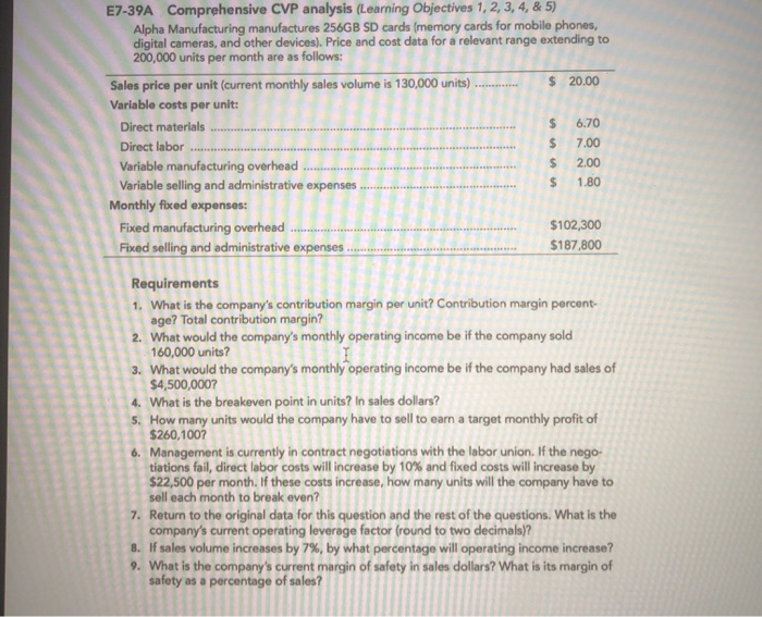 E7-39A Comprehensive CVP analysis (Learning Objectives 1, 2, 3, 4, &