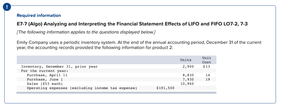 Required information E7-7 (Algo) Analyzing and Interpreting the Financial Statement Effects