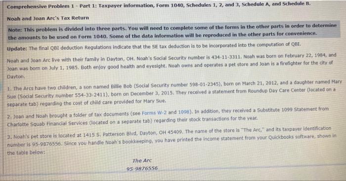  Comprehensive Problem 1 - Part 1: Taxpayer information, Form 1040, Schedules