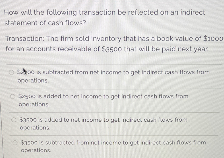  How will the following transaction be reflected on an indirect statement