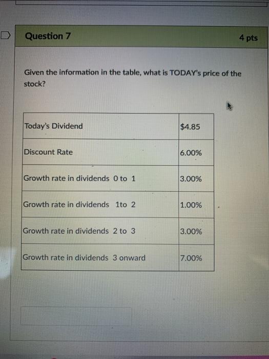  Question 7 4 pts Given the information in the table, what