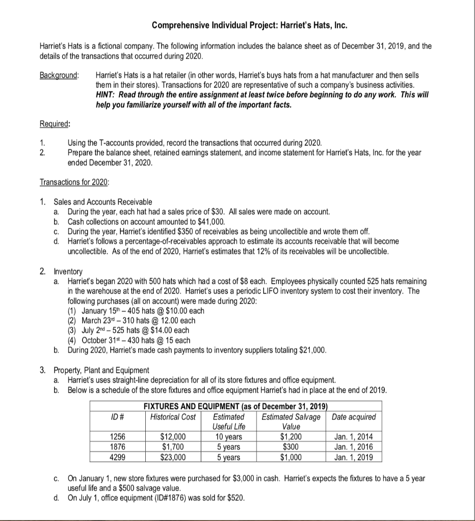 Need the t-chart or journal entries dated/labeled Comprehensive Individual Project: Harriet's