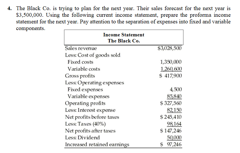  4. The Black Co. is trying to plan for the next