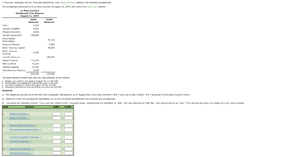  T Accounts, Adjusting Entries, Financial Statements, and Closing Entries; codonal end-of-period