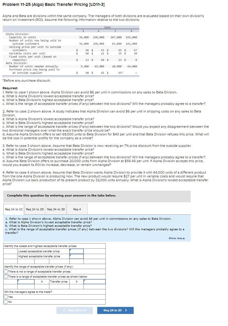  Problem 11-25 (Algo) Basic Transfer Pricing [LO11-3] Alpha and Beta are