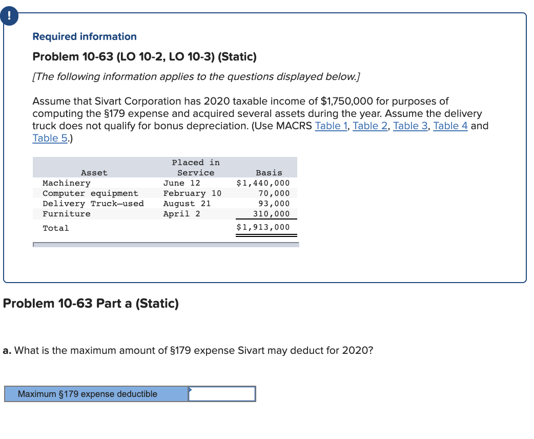 Required information Problem 10-63 (LO 10-2, LO 10-3) (Static) [The following