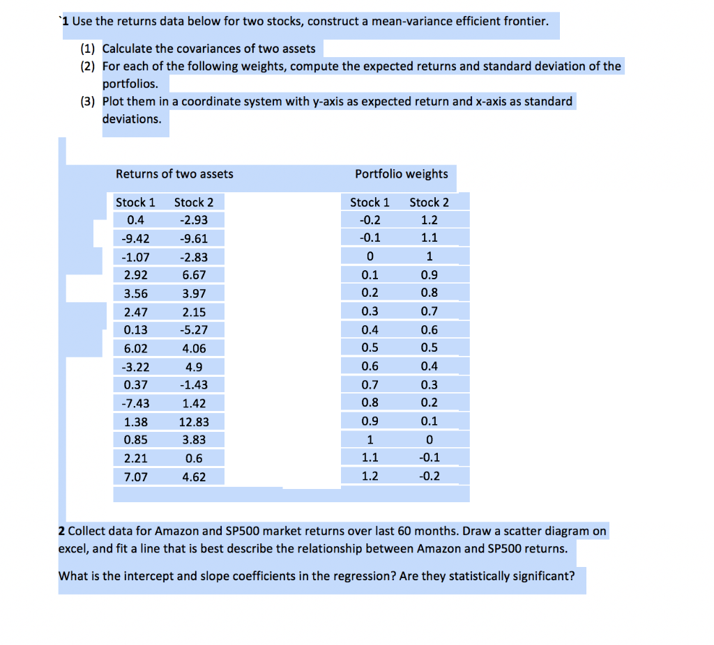 '1 Use the returns data below for two stocks, construct a