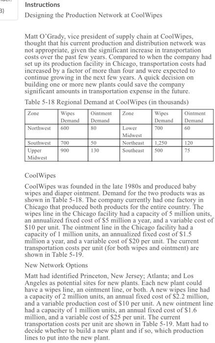 please help 3) Instructions Designing the Production Network at Cool Wipes Matt