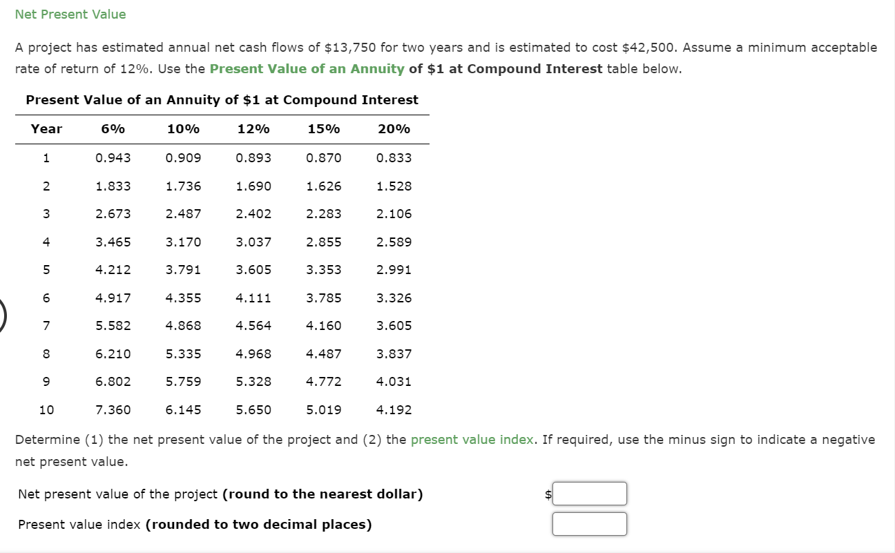 Net Present Value A project has estimated annual net cash flows