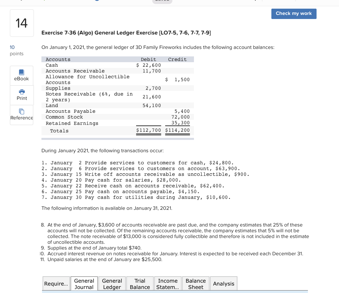 Check my work 14 Exercise 7-36 (Algo) General Ledger Exercise (LO7-5,