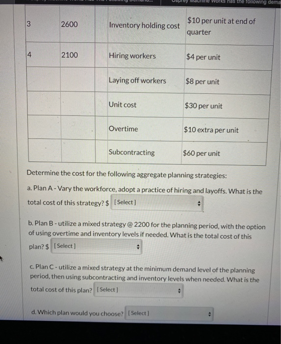 Machine Works has the following demand requirements and other data for the