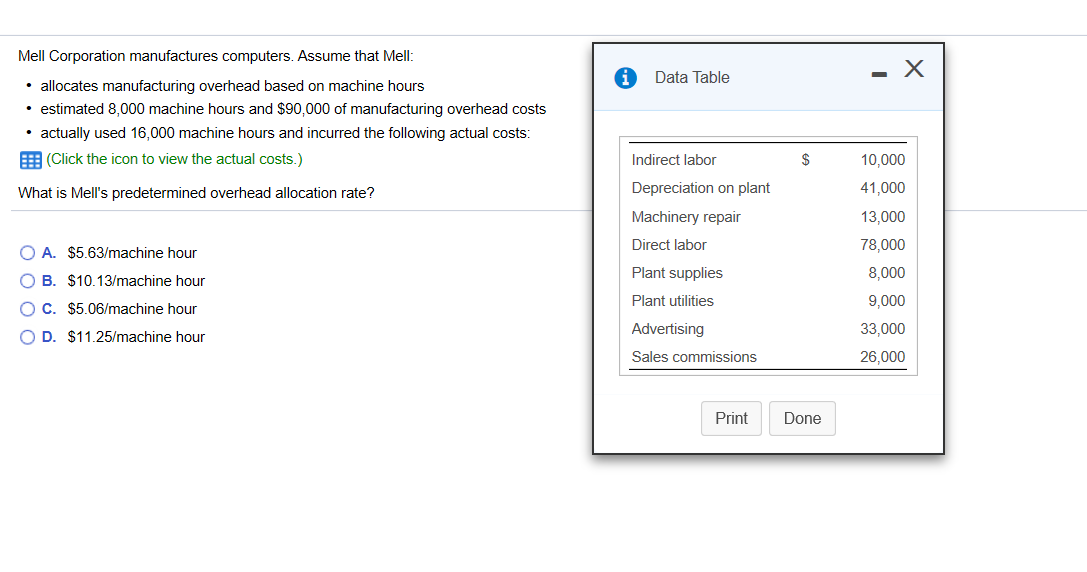 Mell Corporation manufactures computers. Assume that Mell: Data Table allocates manufacturing
