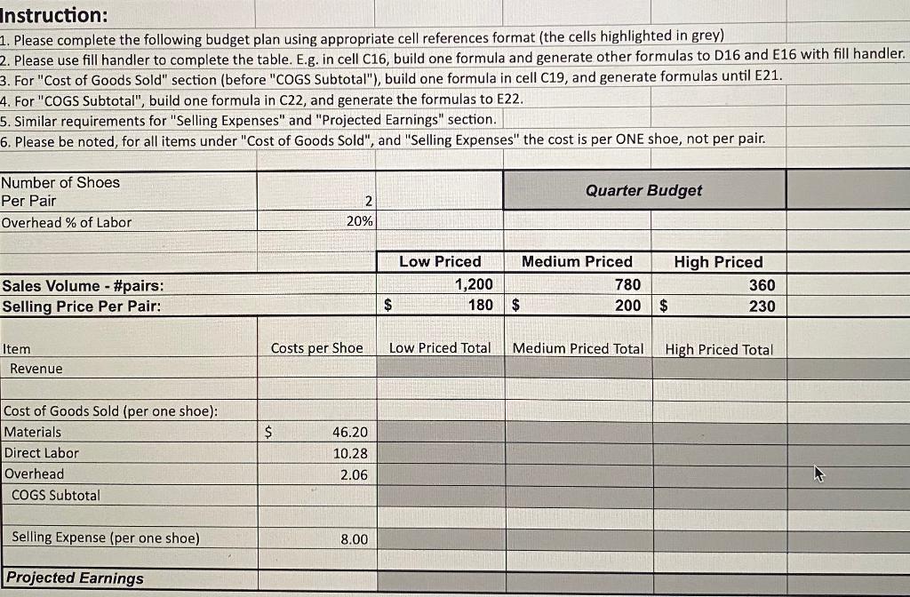  Instruction: 1. Please complete the following budget plan using appropriate cell