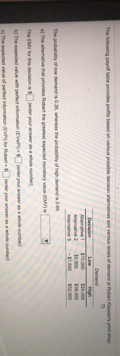 The following payoff table provides profits based on various possible decision
