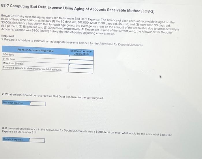 chap 8 E8-7 Computing Bad Debt Expense Using Aging of Accounts Receivable