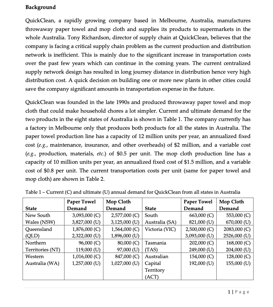 PPlease provide excel models for each question. Background QuickClean, a rapidly growing