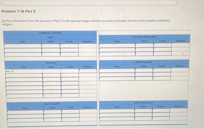 information Problem 7-1A Special journals, subsidiary ledgers, trial balance LO P1, P2,