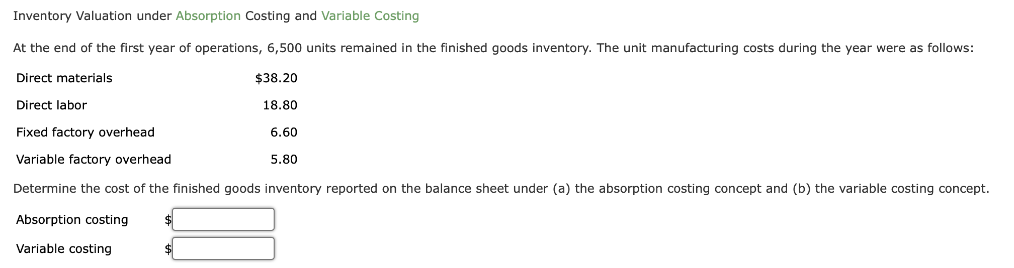 Inventory Valuation under Absorption Costing and Variable Costing At the end