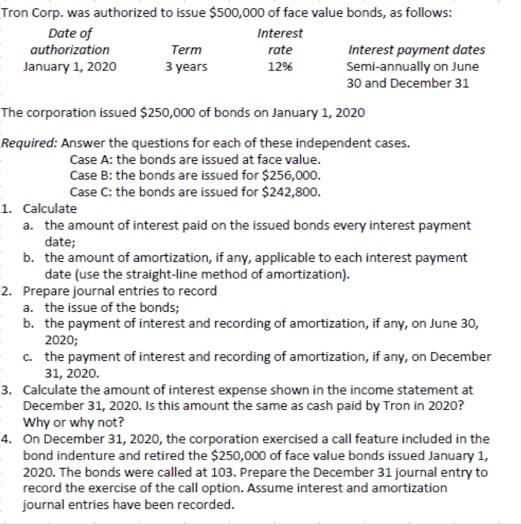 Please help with this question Tron Corp. was authorized to issue $500,000