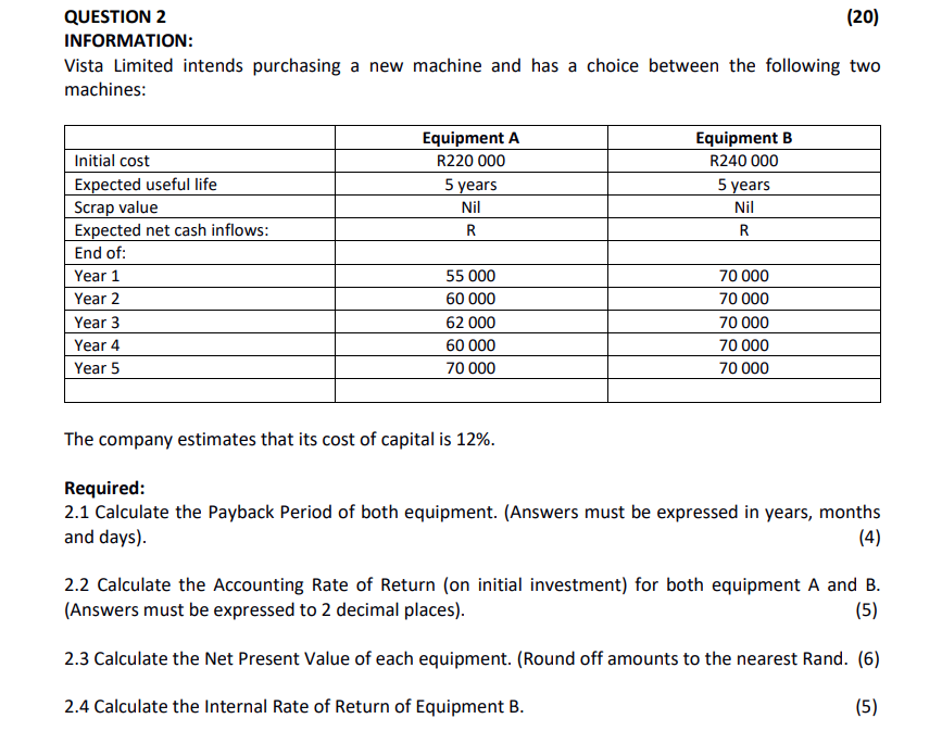  (20) QUESTION 2 INFORMATION: Vista Limited intends purchasing a new machine