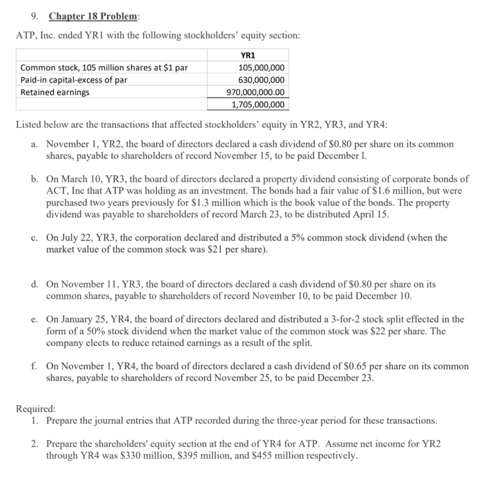 9. Chapter 18 Problem: ATP, Inc. ended YR1 with the following
