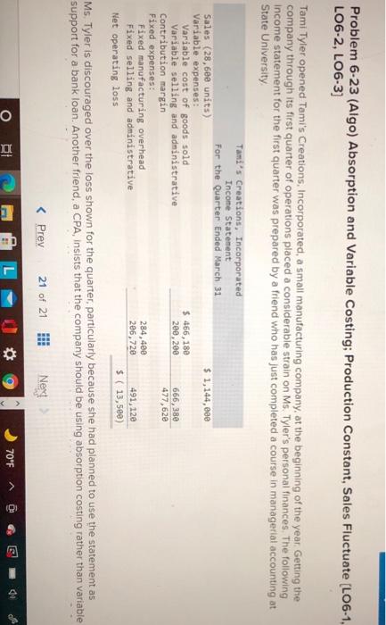 managerial accounting Problem 6-23 (Algo) Absorption and Variable Costing; Production Constant, Sales