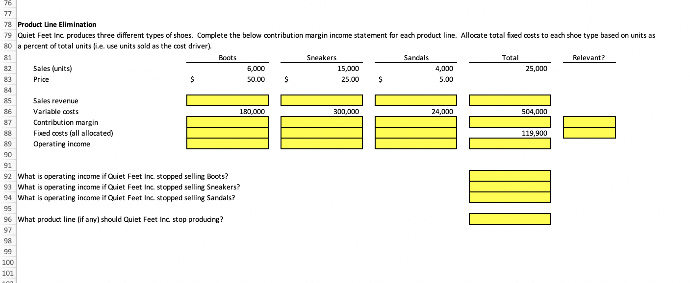 All highlighted boxes need an answer 76 77 78 Product Line Elimination