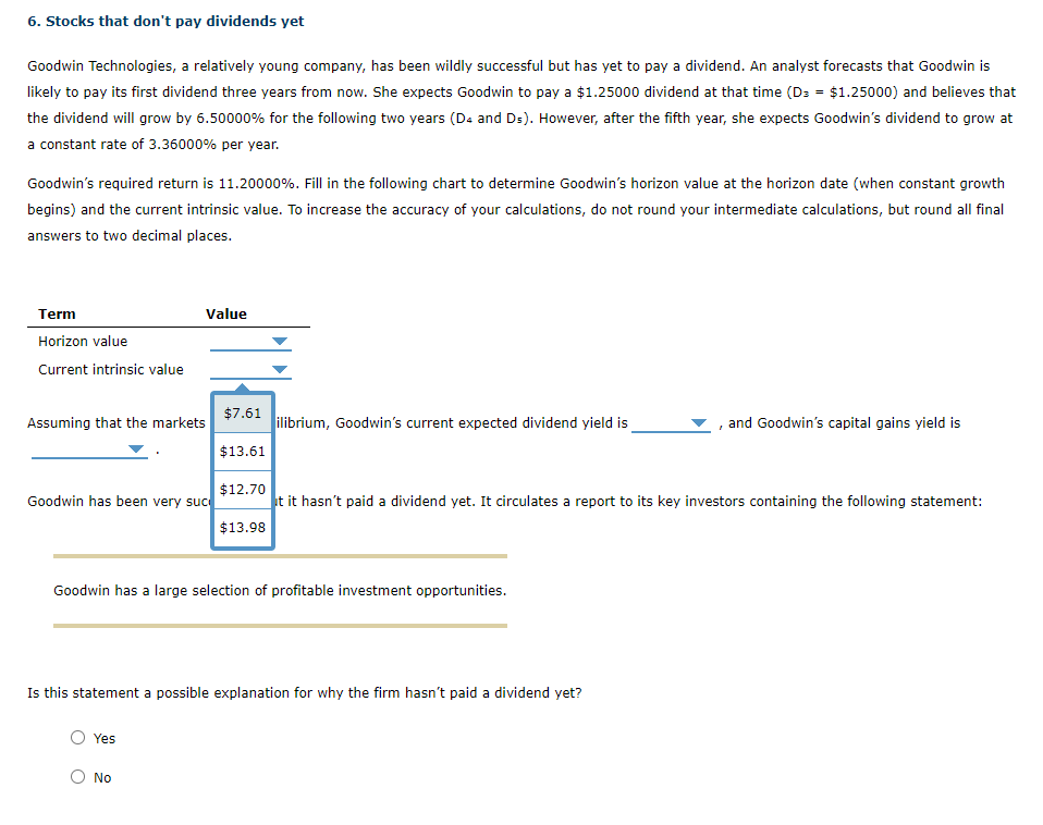 dividend. An analyst forecasts that Goodwin is likely to pay its first