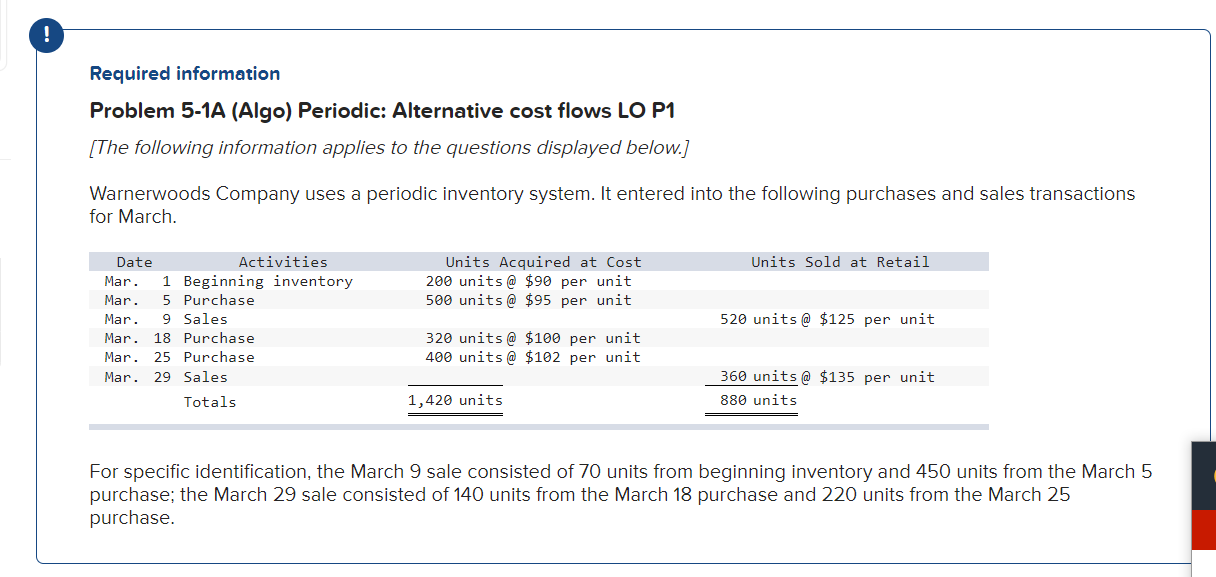  ! Required information Problem 5-1A (Algo) Periodic: Alternative cost flows LO